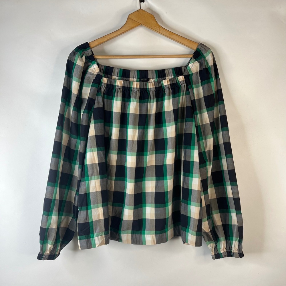 Ann Taylor Blouse Womens XL Green Plaid Off The Shoulder Long Sleeve Top